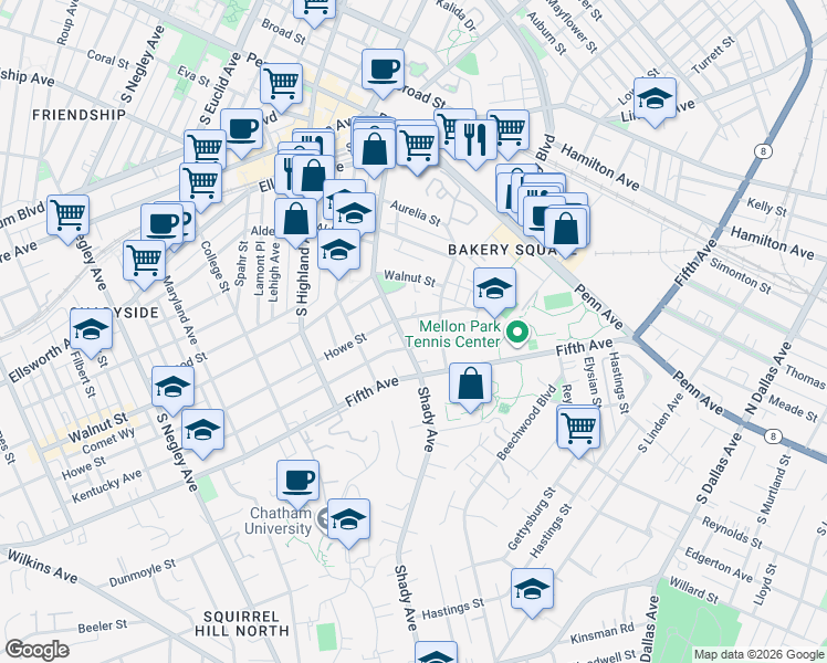 map of restaurants, bars, coffee shops, grocery stores, and more near 600 Shady Avenue in Pittsburgh