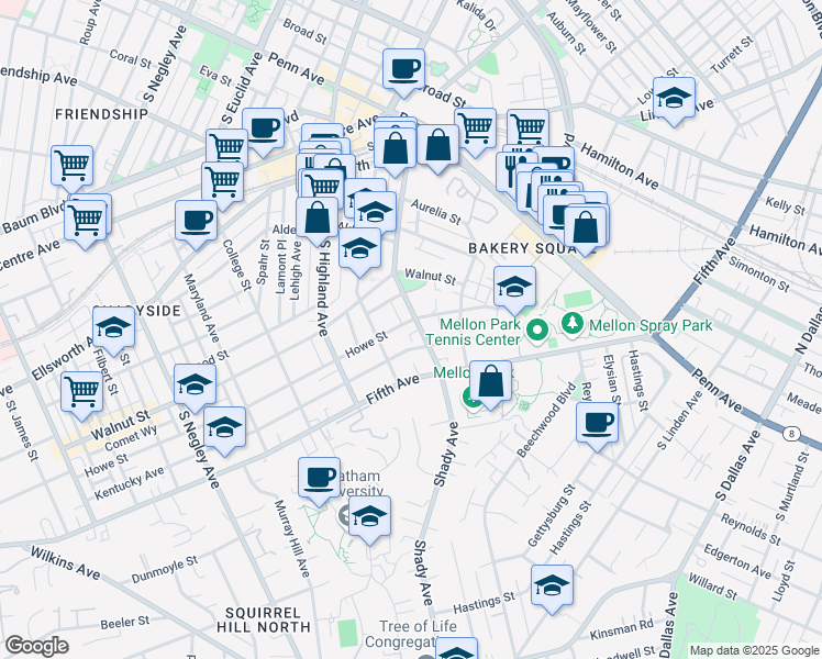 map of restaurants, bars, coffee shops, grocery stores, and more near 600 Shady Avenue in Pittsburgh