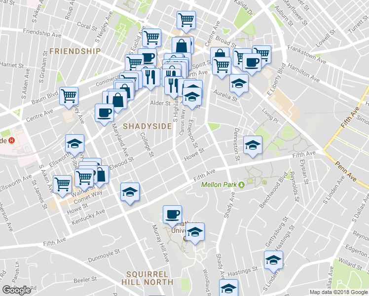 map of restaurants, bars, coffee shops, grocery stores, and more near in Pittsburgh