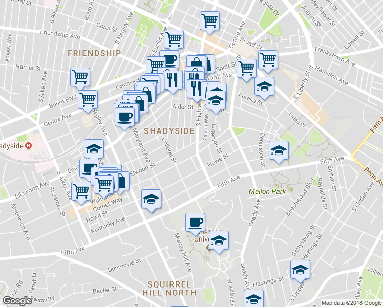 map of restaurants, bars, coffee shops, grocery stores, and more near 5920 Walnut Street in Pittsburgh