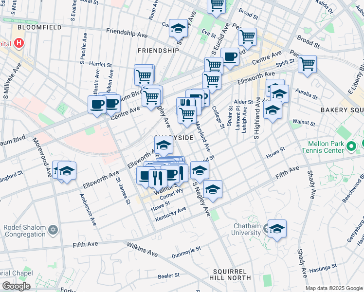 map of restaurants, bars, coffee shops, grocery stores, and more near 5611 Elmer Street in Pittsburgh