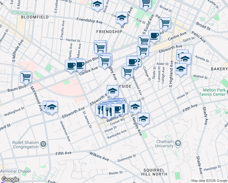 map of restaurants, bars, coffee shops, grocery stores, and more near 601 Filbert Street in Pittsburgh