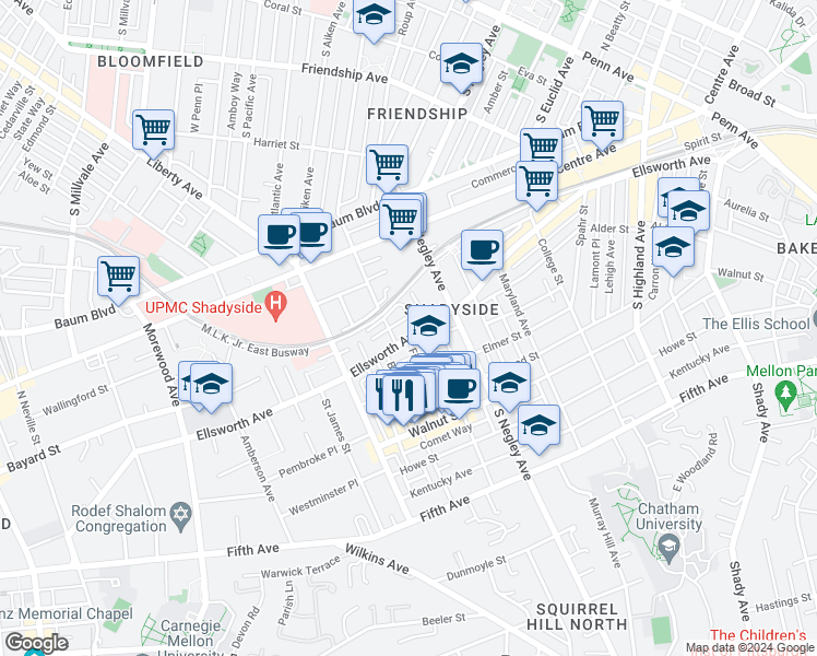 map of restaurants, bars, coffee shops, grocery stores, and more near 5510 Ellsworth Avenue in Pittsburgh