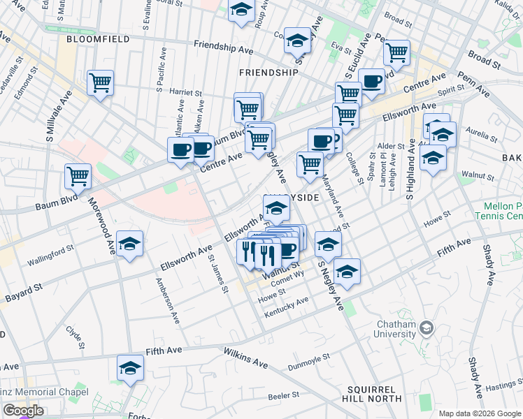 map of restaurants, bars, coffee shops, grocery stores, and more near 5510 Ellsworth Avenue in Pittsburgh