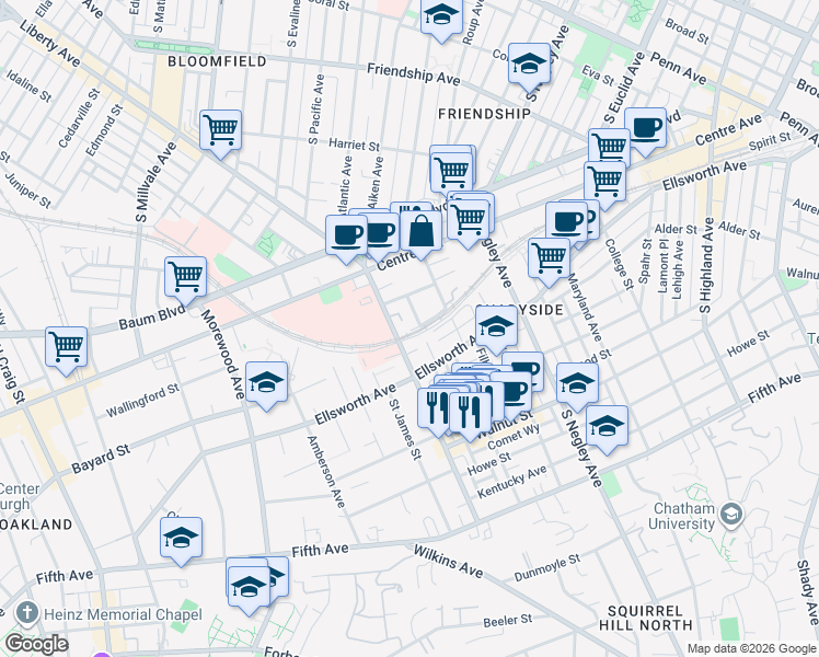 map of restaurants, bars, coffee shops, grocery stores, and more near 5410 Aiken Place in Pittsburgh