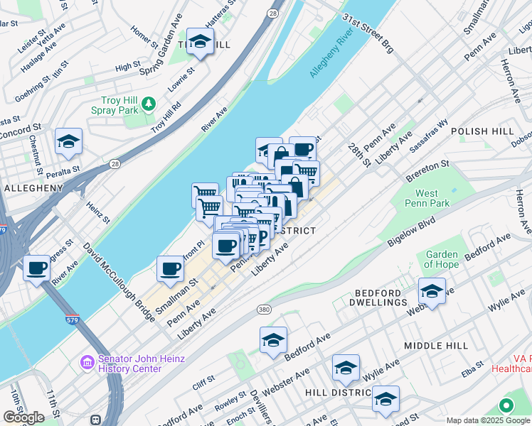 map of restaurants, bars, coffee shops, grocery stores, and more near in Pittsburgh