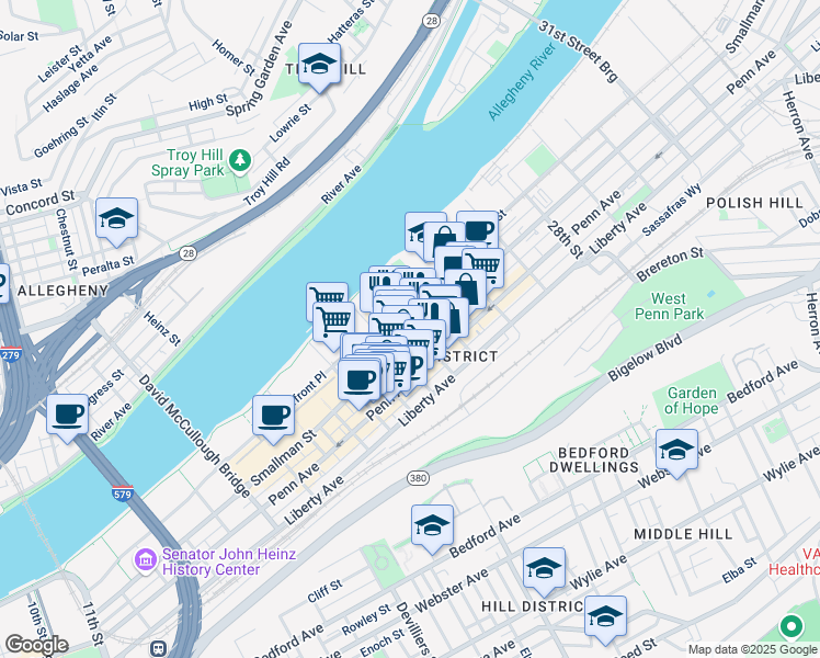 map of restaurants, bars, coffee shops, grocery stores, and more near in Pittsburgh