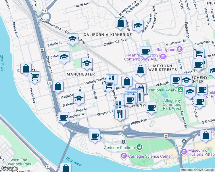 map of restaurants, bars, coffee shops, grocery stores, and more near 1106 Bidwell Street in Pittsburgh