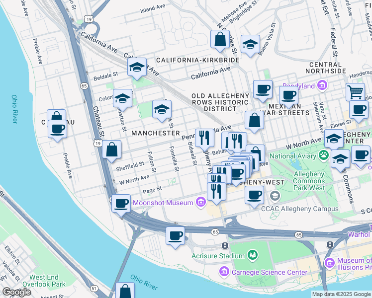 map of restaurants, bars, coffee shops, grocery stores, and more near 1123 Sheffield Street in Pittsburgh