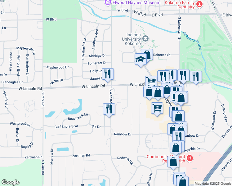 map of restaurants, bars, coffee shops, grocery stores, and more near 2756-2878 S Webster St in Kokomo