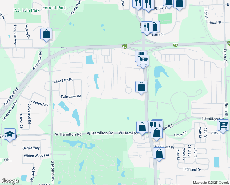 map of restaurants, bars, coffee shops, grocery stores, and more near 61 Ronald Drive in Bloomington