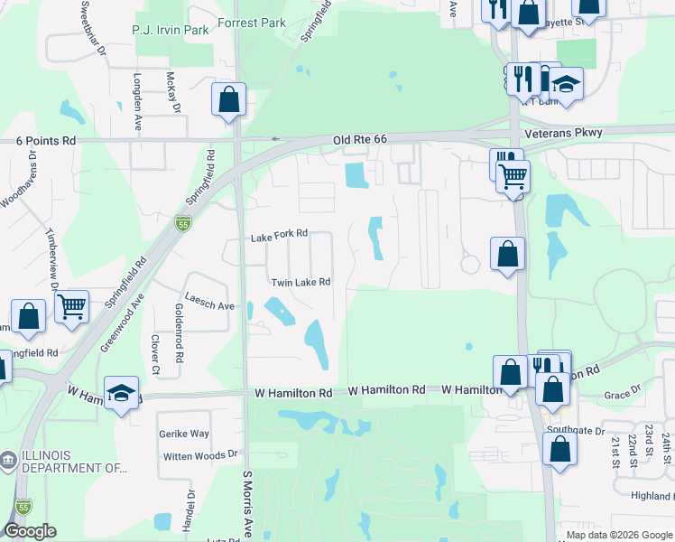 map of restaurants, bars, coffee shops, grocery stores, and more near 14 Hidden Lake Court in Bloomington