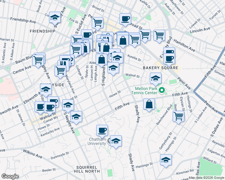 map of restaurants, bars, coffee shops, grocery stores, and more near in Pittsburgh