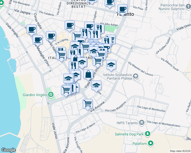 map of restaurants, bars, coffee shops, grocery stores, and more near 339 Viale Magna Grecia in Taranto