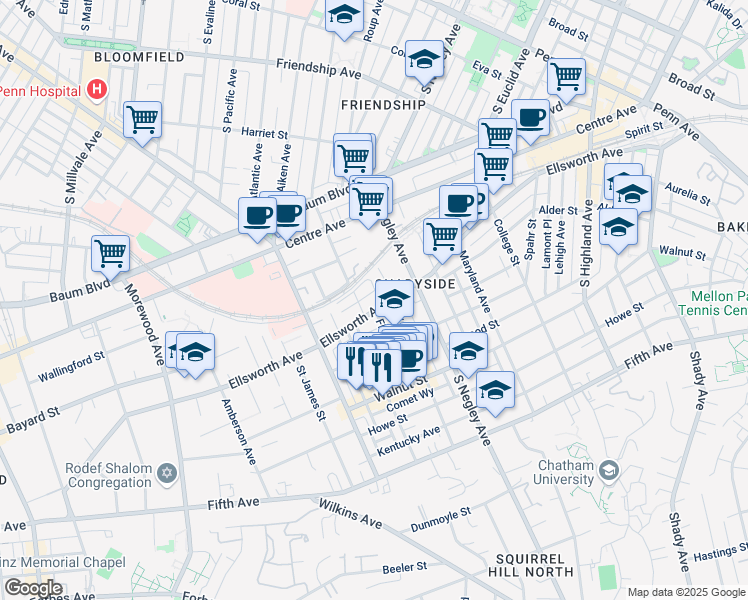 map of restaurants, bars, coffee shops, grocery stores, and more near 5510 Ellsworth Avenue in Pittsburgh