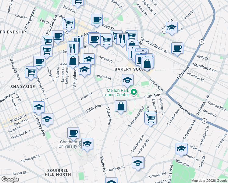 map of restaurants, bars, coffee shops, grocery stores, and more near 432 Denniston Street in Pittsburgh