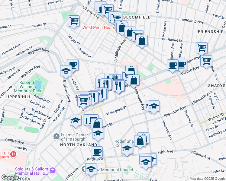 map of restaurants, bars, coffee shops, grocery stores, and more near 4733 Centre Avenue in Pittsburgh