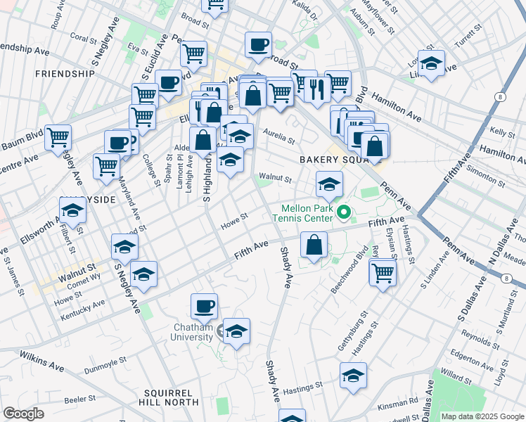 map of restaurants, bars, coffee shops, grocery stores, and more near 600 Shady Avenue in Pittsburgh
