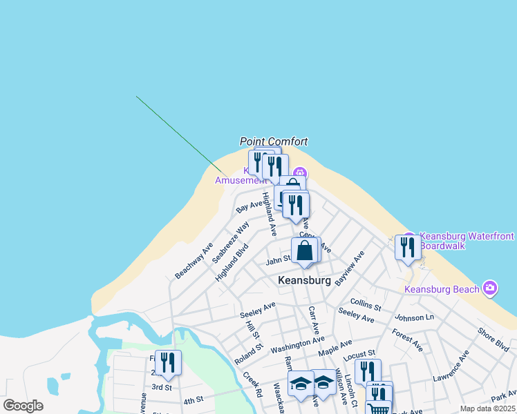 map of restaurants, bars, coffee shops, grocery stores, and more near 60 Seabreeze Way in Keansburg