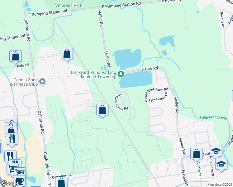 map of restaurants, bars, coffee shops, grocery stores, and more near 72 Wagon Wheel Road in Quakertown