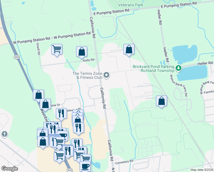 map of restaurants, bars, coffee shops, grocery stores, and more near 411 California Road in Quakertown