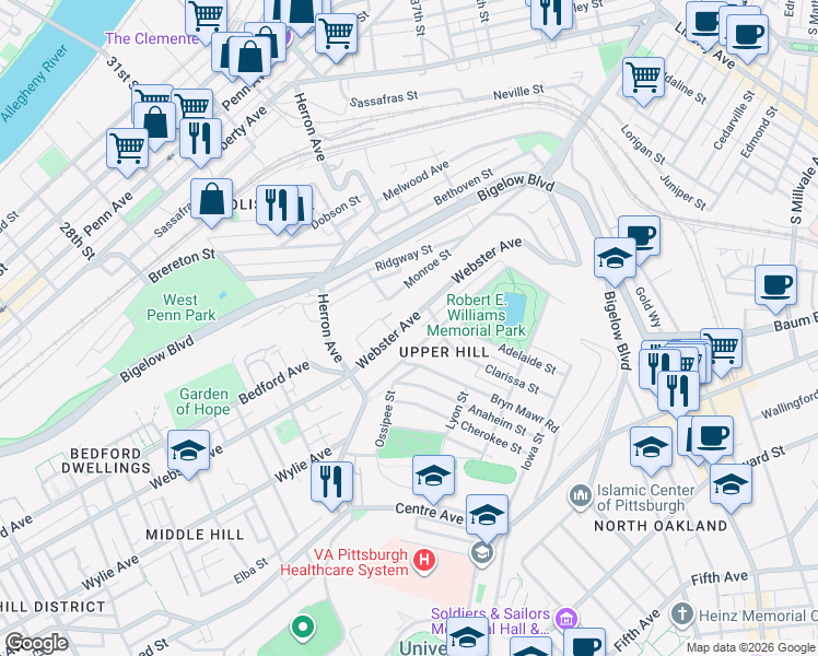 map of restaurants, bars, coffee shops, grocery stores, and more near in Pittsburgh