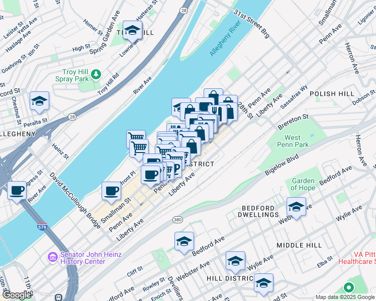 map of restaurants, bars, coffee shops, grocery stores, and more near 2550 Smallman Street in Pittsburgh
