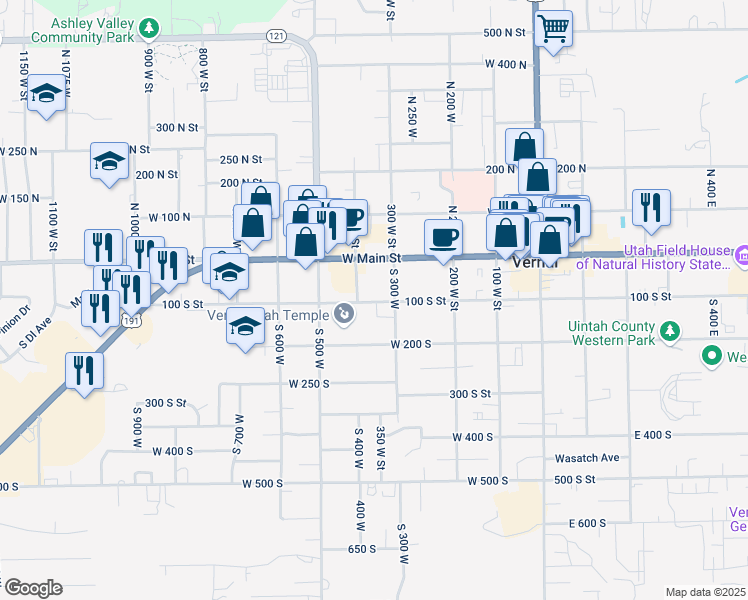 map of restaurants, bars, coffee shops, grocery stores, and more near 395 West Main Street in Vernal