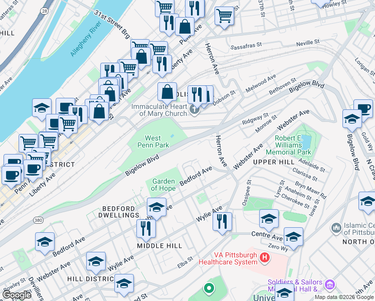 map of restaurants, bars, coffee shops, grocery stores, and more near 2934 Leander Street in Pittsburgh