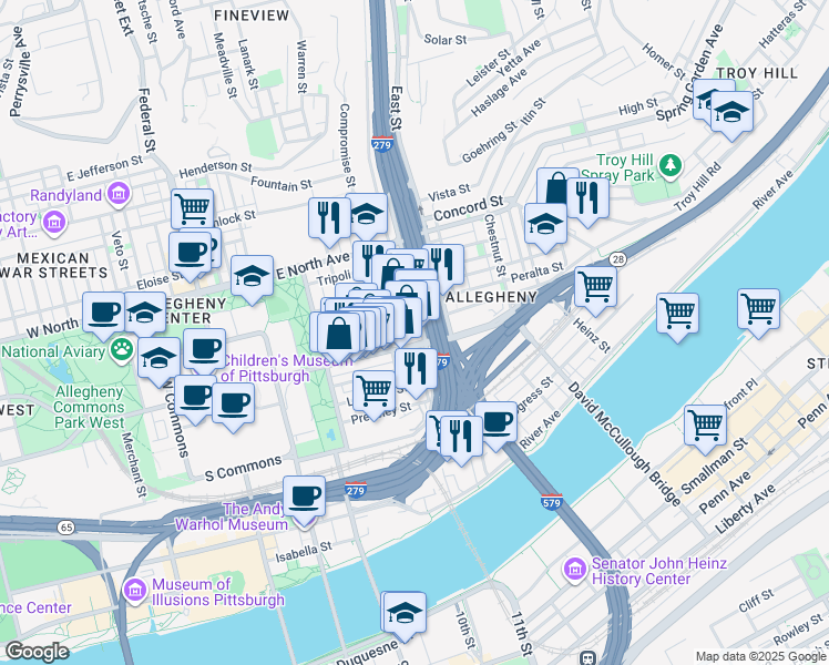 map of restaurants, bars, coffee shops, grocery stores, and more near 805 East Street in Pittsburgh