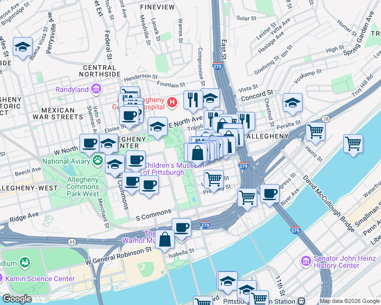 map of restaurants, bars, coffee shops, grocery stores, and more near in Pittsburgh