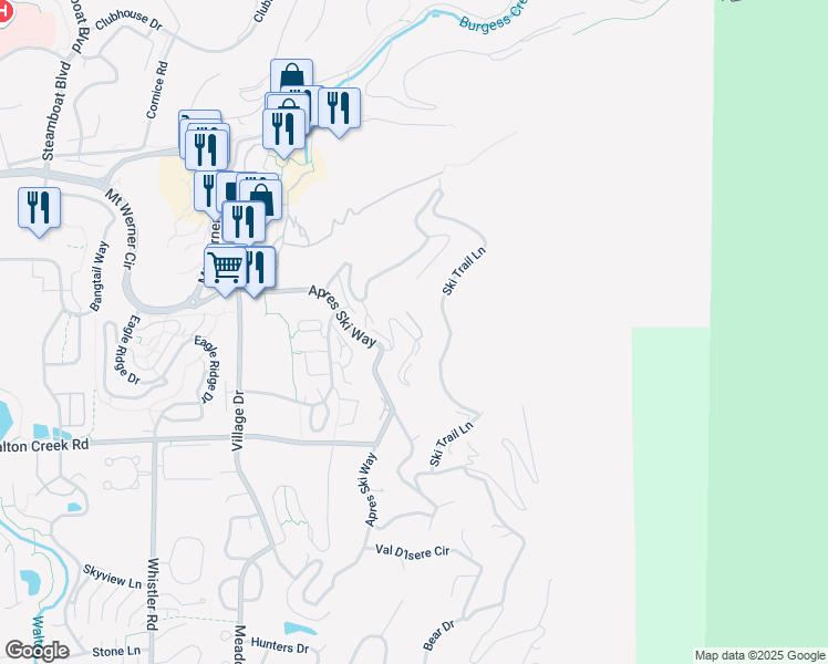 map of restaurants, bars, coffee shops, grocery stores, and more near 2590 Longthong Road in Steamboat Springs
