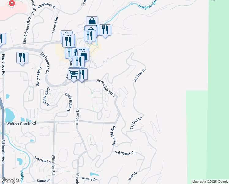 map of restaurants, bars, coffee shops, grocery stores, and more near 2560 Longthong Road in Steamboat Springs
