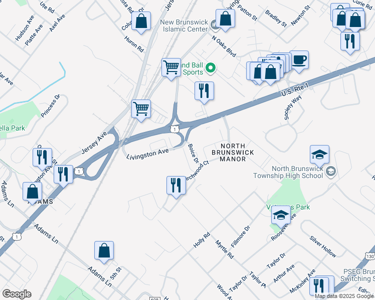 map of restaurants, bars, coffee shops, grocery stores, and more near 4901 Boice Drive in North Brunswick Township