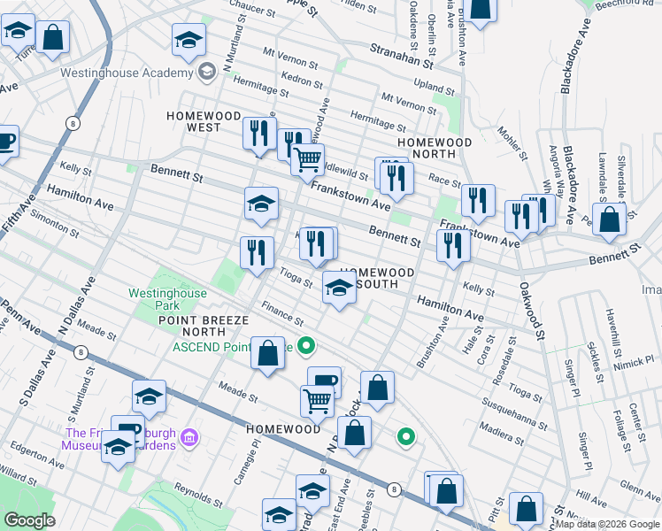 map of restaurants, bars, coffee shops, grocery stores, and more near 7309 Kelly Street in Pittsburgh