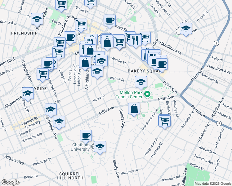map of restaurants, bars, coffee shops, grocery stores, and more near 435 Shady Avenue in Pittsburgh