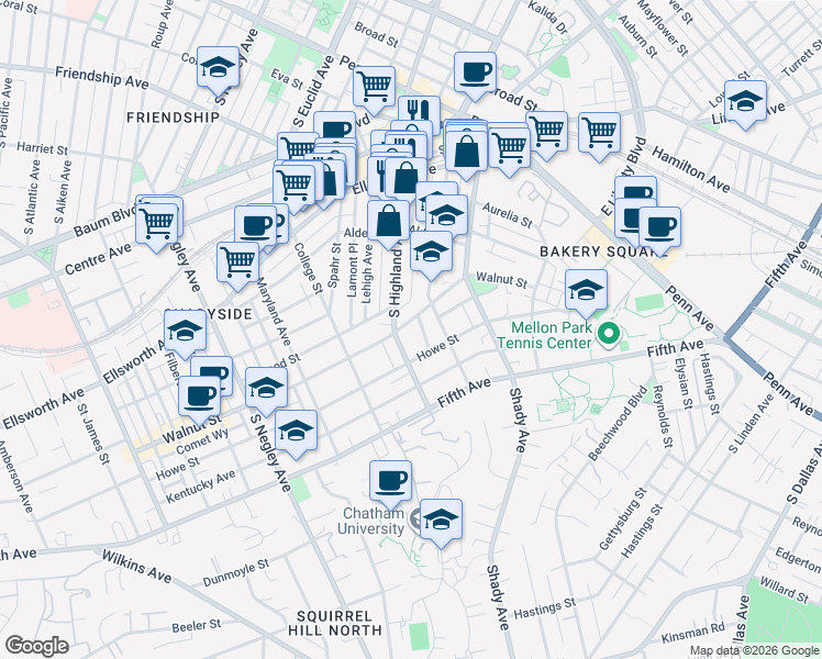 map of restaurants, bars, coffee shops, grocery stores, and more near 6105 Walnut Street in Pittsburgh
