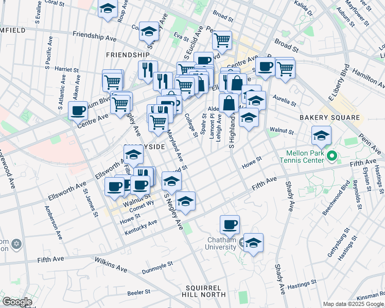 map of restaurants, bars, coffee shops, grocery stores, and more near 5824 Holden Street in Pittsburgh