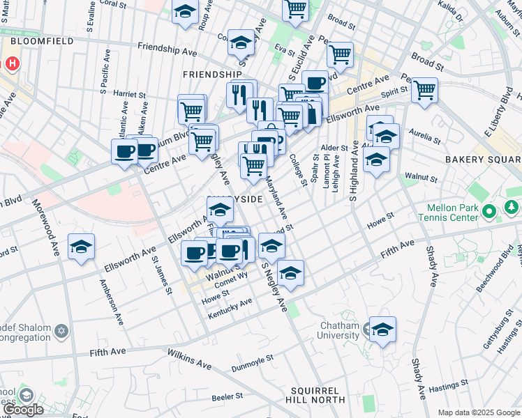 map of restaurants, bars, coffee shops, grocery stores, and more near 642 Maryland Avenue in Pittsburgh