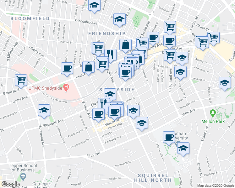 map of restaurants, bars, coffee shops, grocery stores, and more near in Pittsburgh