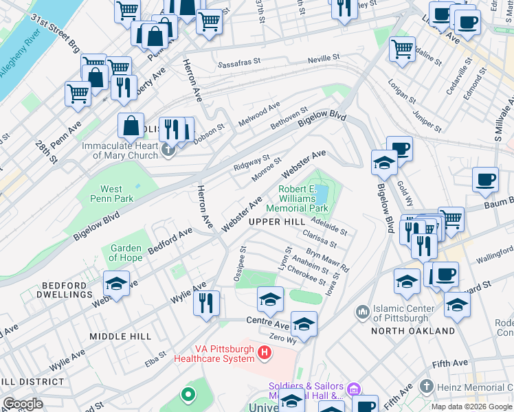map of restaurants, bars, coffee shops, grocery stores, and more near in Pittsburgh