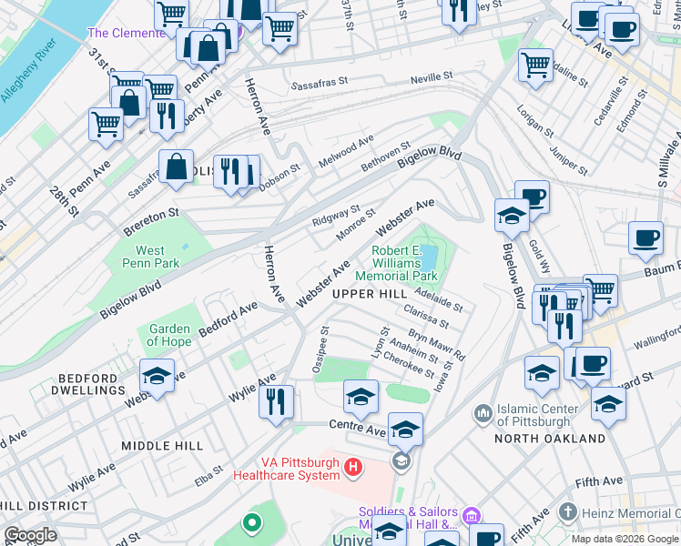 map of restaurants, bars, coffee shops, grocery stores, and more near in Pittsburgh