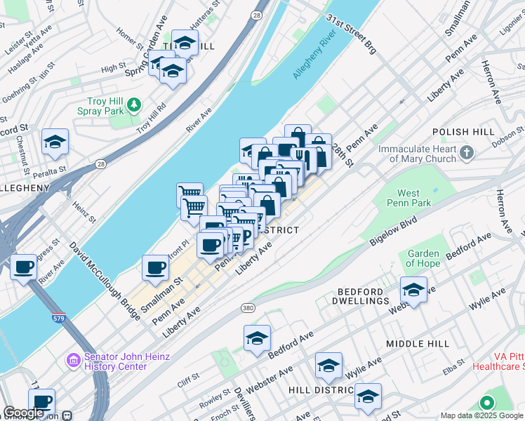map of restaurants, bars, coffee shops, grocery stores, and more near 2550 Smallman Street in Pittsburgh