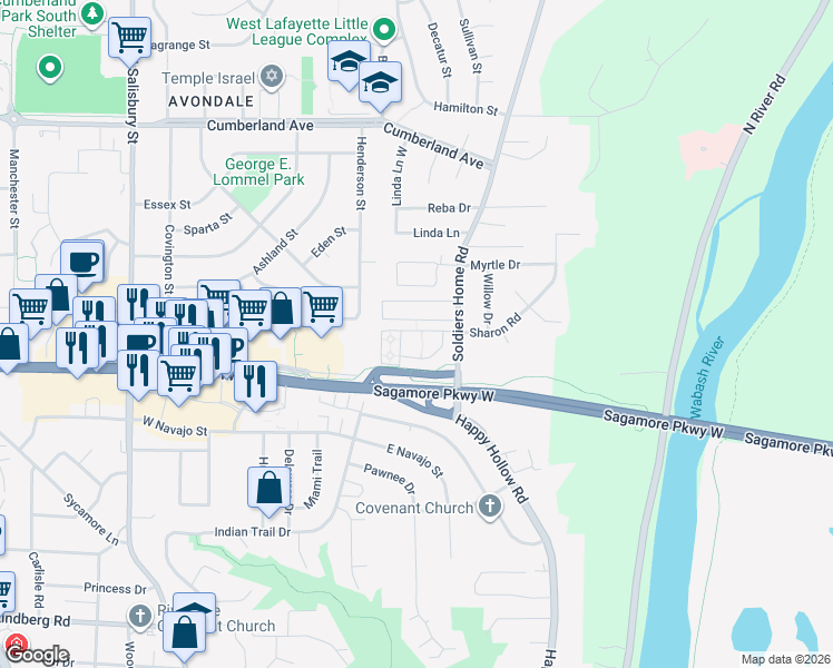 map of restaurants, bars, coffee shops, grocery stores, and more near 2601 Soldiers Home Road in West Lafayette