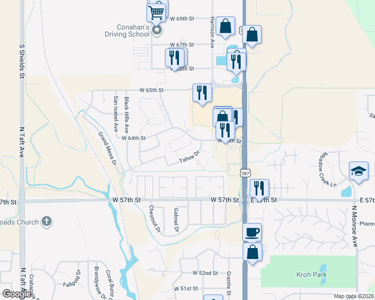 map of restaurants, bars, coffee shops, grocery stores, and more near 416 Osceola Drive in Loveland