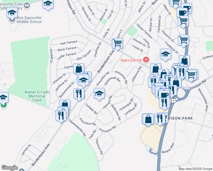 map of restaurants, bars, coffee shops, grocery stores, and more near 21 Dartmouth Road in Old Bridge