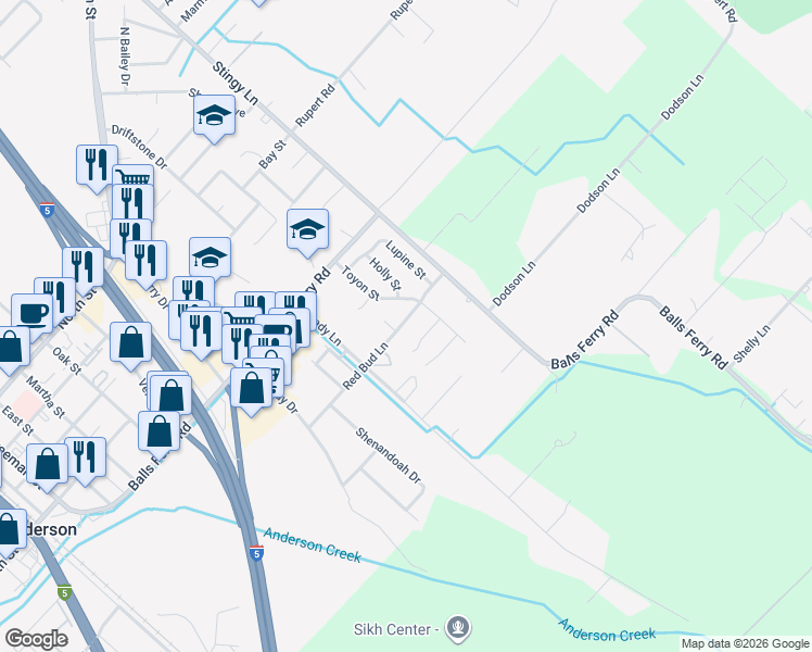 map of restaurants, bars, coffee shops, grocery stores, and more near 2847 Red Bud Lane in Anderson