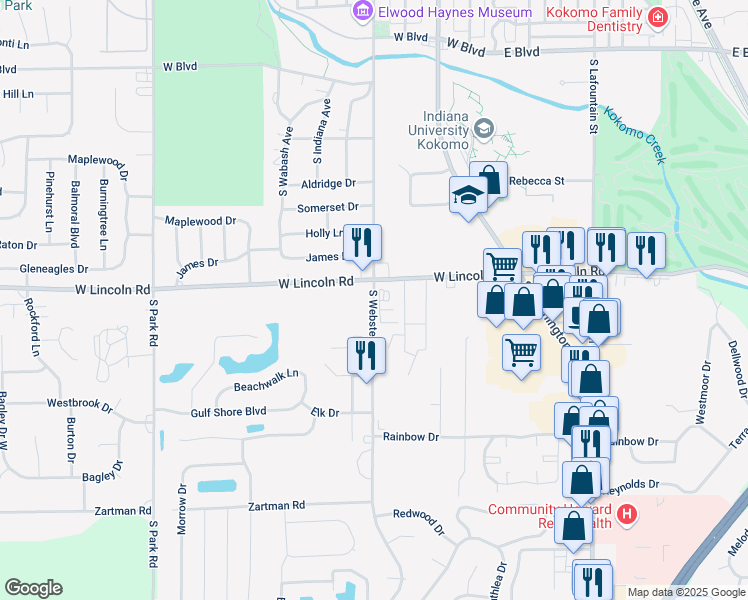 map of restaurants, bars, coffee shops, grocery stores, and more near 2756 South Webster Street in Kokomo