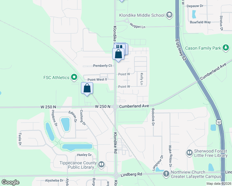 map of restaurants, bars, coffee shops, grocery stores, and more near 2564 Klondike Road in West Lafayette