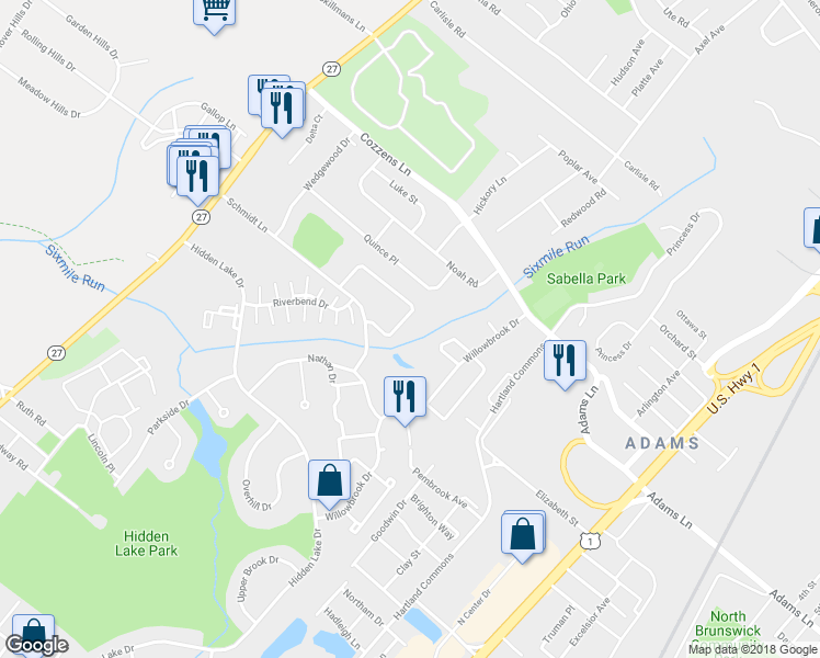 map of restaurants, bars, coffee shops, grocery stores, and more near 1081 Schmidt Lane in North Brunswick